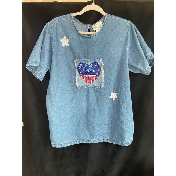 The Quacker Factory Tops - Quacker Factory Denim Top L Blue Sequin Heart American Flag Stars Patriotic
